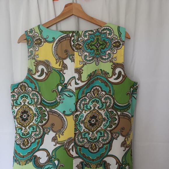Sunny Leigh Linen Sheath Women Sz 16 Floral GreenYellowBlue Midi Sleeveless - Picture 8 of 16